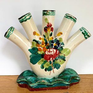 VTG Italian 5 Finger Vase Hand Painted Pottery Floral Italy